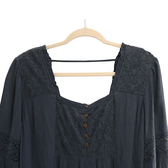 NWT  Maurices Navy Lace Peasant Blouse Size M Button Front Boho Long Sleeve Top - Picture 7 of 7